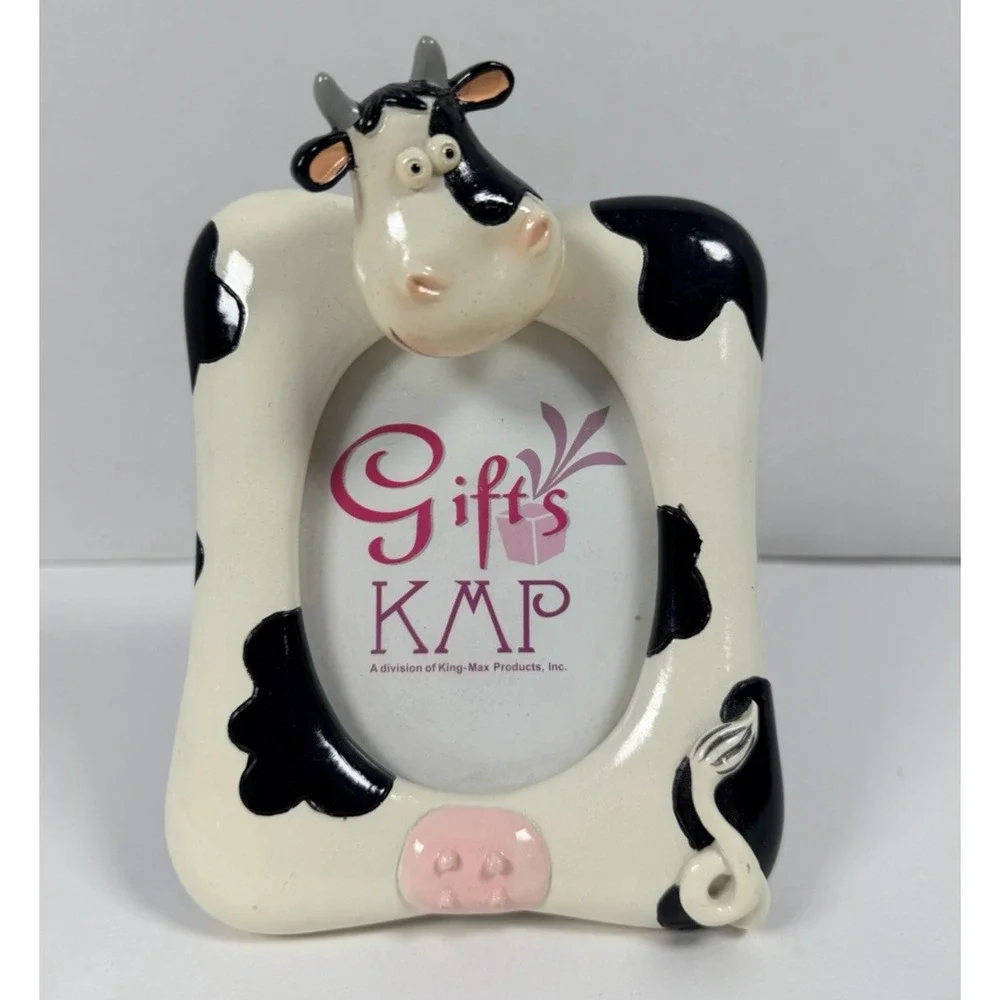 Cow Photo Frame Bobblehead Ceramic Black & White Tabletop 4